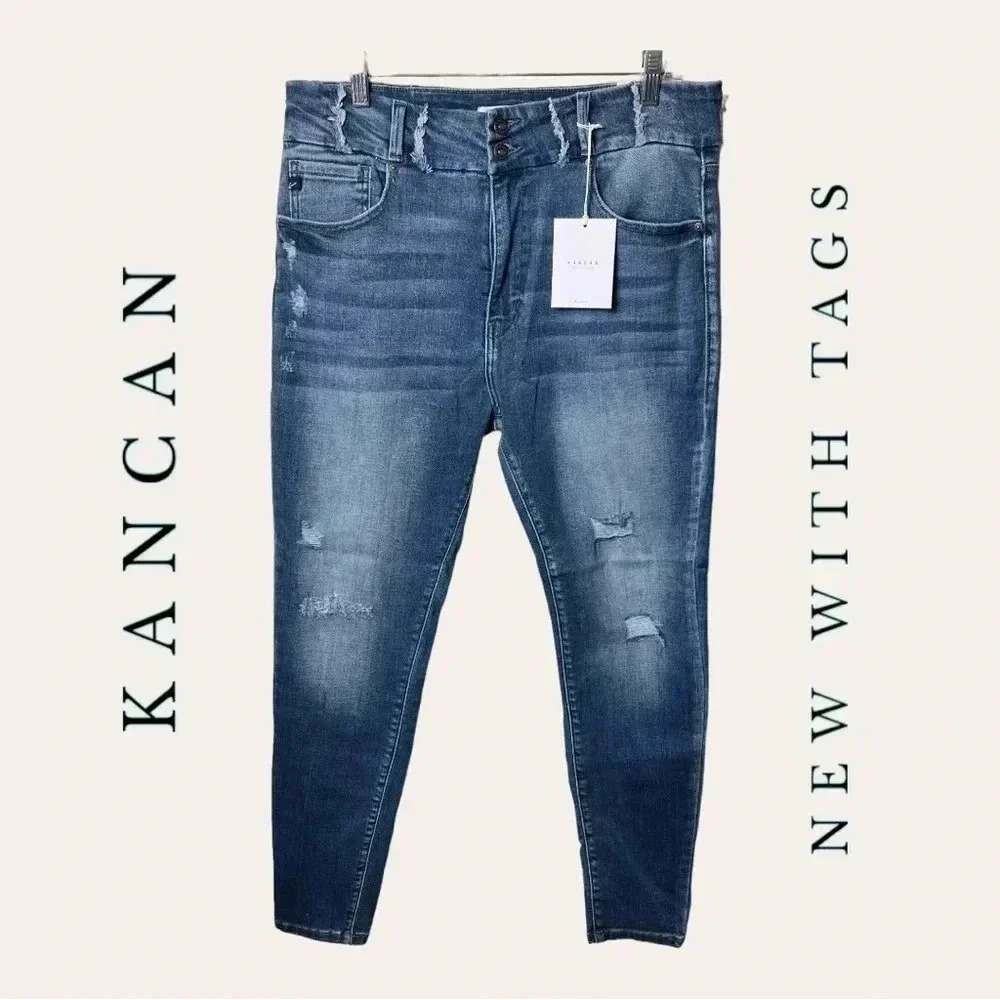 1269. KANCAN HIGH WAISTED SUPER SKINNY DENIM JEANS SIZE 15/31 FACTORY DISTRESSED